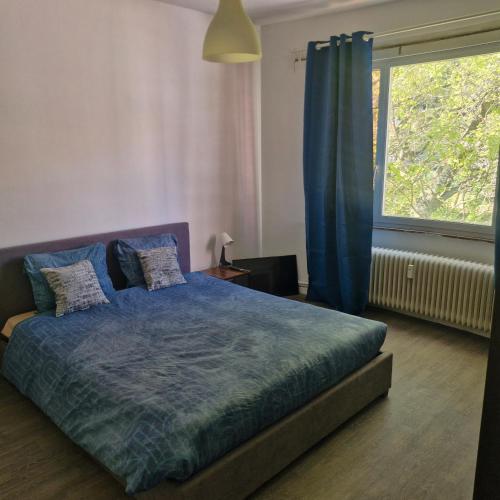 a bedroom with a bed with a blue comforter and a window at veeweyde in Brussels