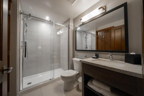 a bathroom with a toilet and a shower and a sink at Blue Mountain Resort Village Suites in Blue Mountains