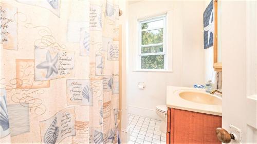 a bathroom with a shower curtain with drawings on it at The Perry Street Hideaway in Cape May