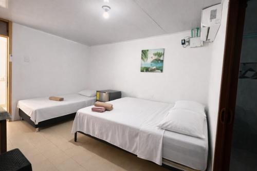 zwei Betten in einem Zimmer mit weißen Wänden in der Unterkunft Bread Fruit Lodge in San Andrés