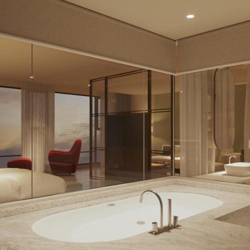 a bathroom with a bath tub in a room at D'Celes Hotel in Làng Tiên Cát