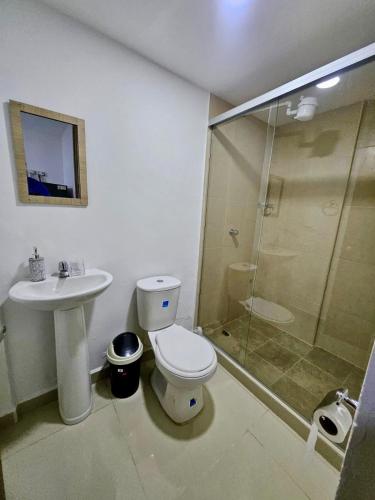 a bathroom with a toilet and a sink and a shower at Raíz Serena in El Retiro