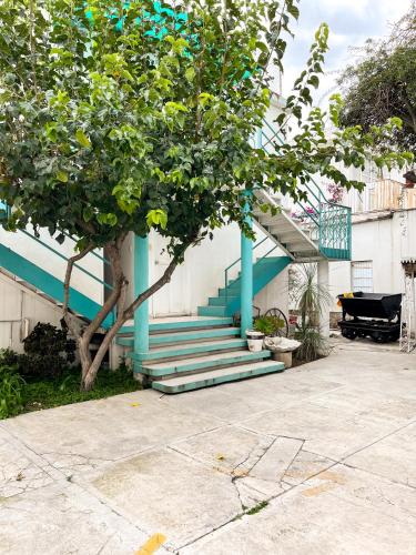 a building with blue steps and a tree in front at Real Hotel y Alojamientos in Pachuca de Soto