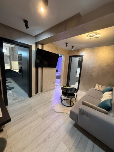 a living room with a couch and a flat screen tv at Apartament André in Sibiu