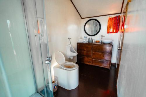 a bathroom with a toilet and a sink and a mirror at Uros Titicaca Lodge Puno in Puno