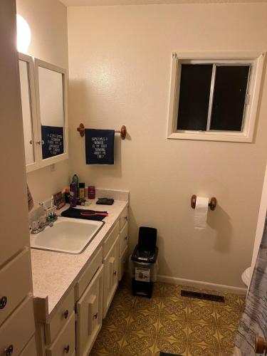 a bathroom with a white sink and a window at Lakeside Dune Getaway in Lakeside