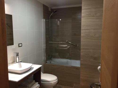 a bathroom with a shower and a toilet and a sink at Costanera Apart in Chile Chico