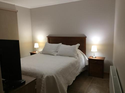 a bedroom with a bed with two night stands and two lamps at Costanera Apart in Chile Chico