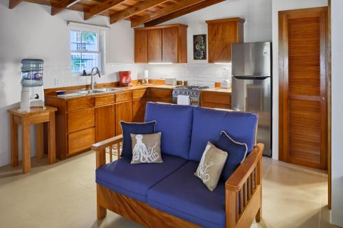 a kitchen with a blue couch in a kitchen at Weezie's Ocean Front Hotel and Garden Cottages in Caye Caulker