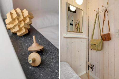 two pictures of a room with a bed and a mirror at 274-Ringkobing-Nordso-Ferievej-86 in Nørre Lyngvig