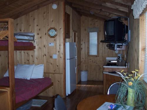 a bedroom with a bunk bed and a television at Lake of the Springs Camping Resort Cabin 1 in Oregon House