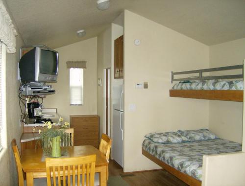 a small room with a dining table and a bunk bed at Lake Minden Camping Resort Cabin 1 in Nicolaus
