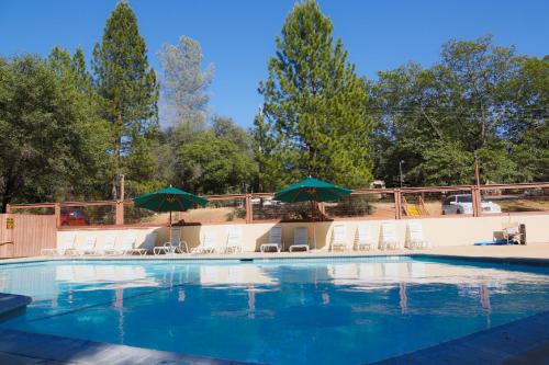 uma grande piscina com cadeiras e guarda-sóis em Lake of the Springs Camping Resort Yurt 2 em Oregon House