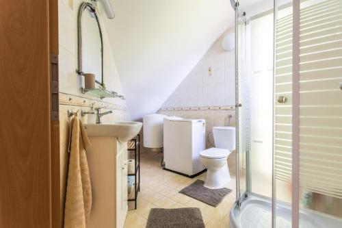 a bathroom with a sink and a toilet and a shower at Dollár Apartman in Orfű