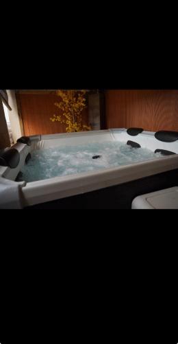a bath tub filled with blue water next to a toilet at Nuit au Ranch Horse Paradise & Jacuzzi in Boutigny-sur-Essonnes