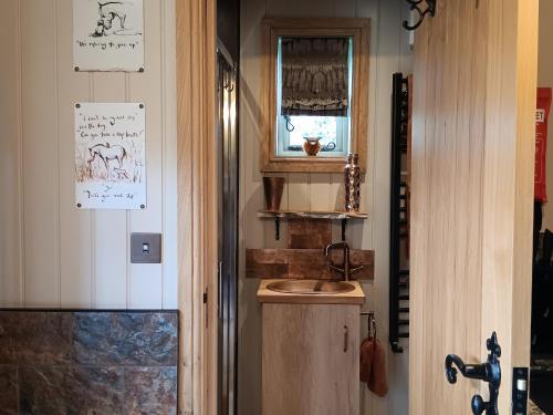 a small bathroom with a sink and a window at Twit Twoo Shepherds Hut in Louth