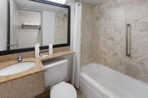 a bathroom with a sink and a tub and a toilet at Wyndham Garden Detroit Metro Airport in Romulus