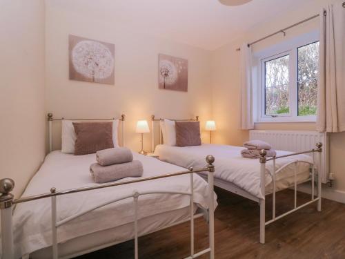two twin beds in a room with two windows at Country Cottage in Brecon
