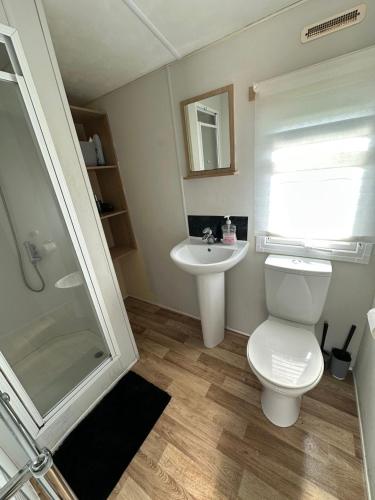 a bathroom with a toilet and a sink and a shower at Seaside views in North Seaton