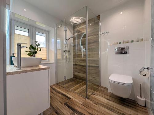 a bathroom with a shower and a toilet and a sink at Breńskie Tarasy in Brenna