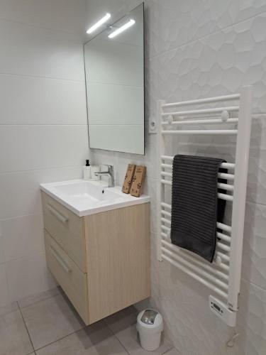 a bathroom with a sink and a mirror at La Parenthèse Lémantine - Studio 3 in Neuvecelle