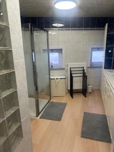 a bathroom with a shower and mats in a room at Villa Le Roy in Blankenberge