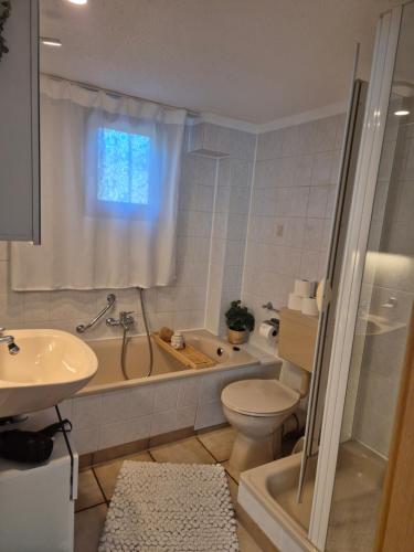 a bathroom with a toilet and a tub and a sink at Ferienwohnung Waldnest in Elmstein