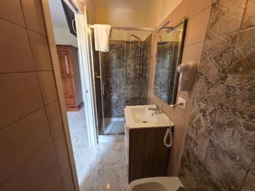 a bathroom with a sink and a shower and a toilet at Bed&Wine Terrae Tiferni in Gioia Sannitica