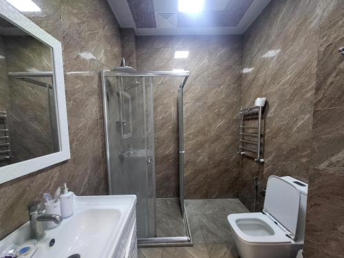 a bathroom with a shower and a sink and a toilet at Gabala Comfort Inn in Gabala