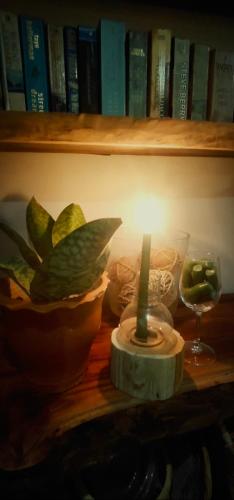 a shelf with a candle and a plant and a glass at GARDEN House in Ban Phru Ching (1)