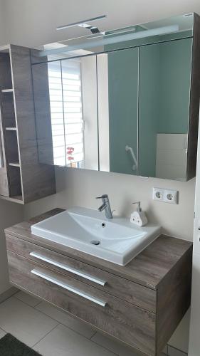 a bathroom with a sink and a large mirror at Ferienwohnung Arendsee in Arendsee