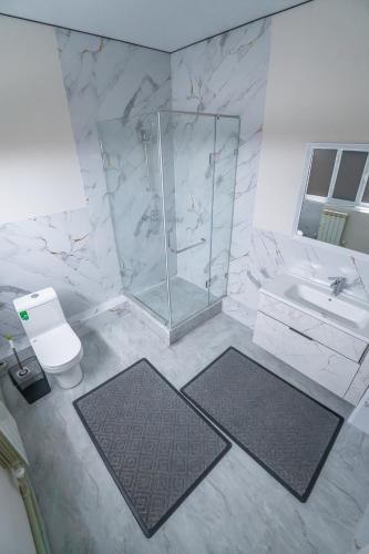a bathroom with a shower and a toilet and a sink at Nura Hotel in Shymkent