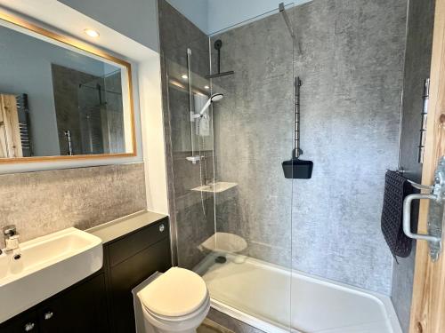 a bathroom with a toilet and a tub and a sink at No. 5 Smith Cottages in Langport