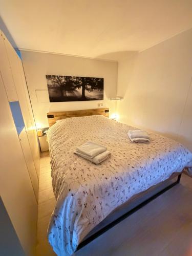 a bedroom with a bed with two towels on it at Studio Watertoren in Goes