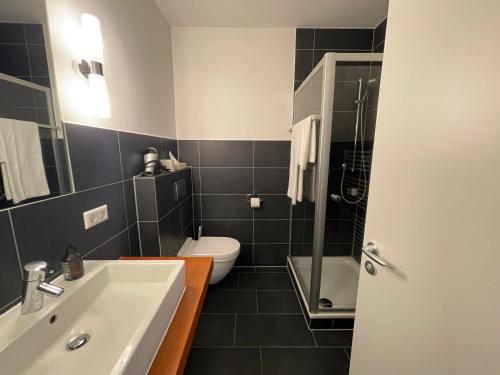 a bathroom with a sink and a toilet at Landhaus Hohenlohe in Rot am See