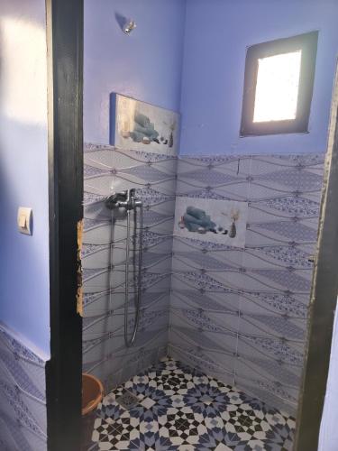 a bathroom with a shower with blue walls at Gîte Assonfo Tachdirt in Tacheddirt