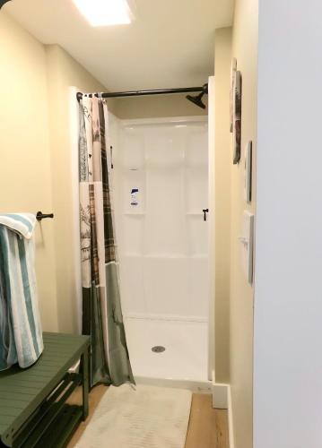 a shower stall in a bathroom with a green bench at Cookie's Cottage in Caseville