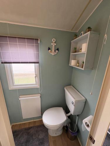 a small bathroom with a toilet and a window at Golden Palm Resort Meadow Lakes 3 bedroom 8 berth in Chapel Saint Leonards