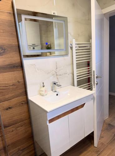 a bathroom with a sink and a mirror at Apartment Mey in Sarajevo