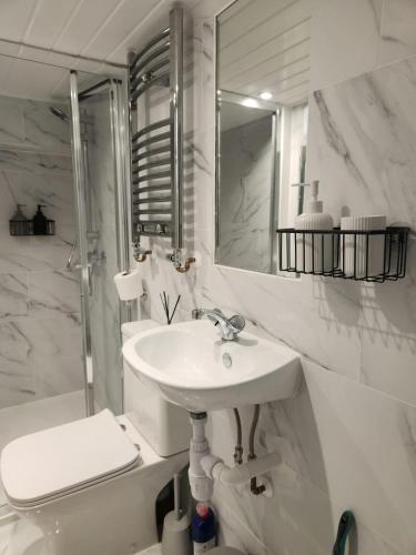 a white bathroom with a sink and a shower at Oxford Private Flat One in Oxford