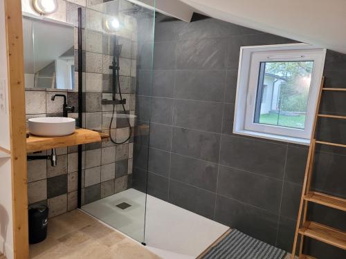 a bathroom with a sink and a glass shower at Le petit chalet in Mazaye