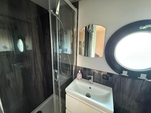 a bathroom with a sink and a shower and a mirror at Hausboot Luft & Liebe in Halle an der Saale