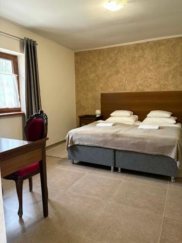a bedroom with a bed and a desk and a chair at Vitál Guesthouse in Almamellék