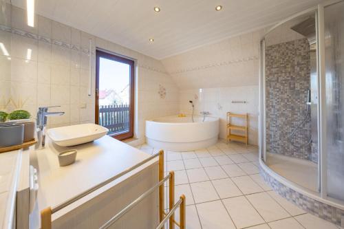 a bathroom with a tub and a shower and a sink at Haus Altburgstädtel in Dresden