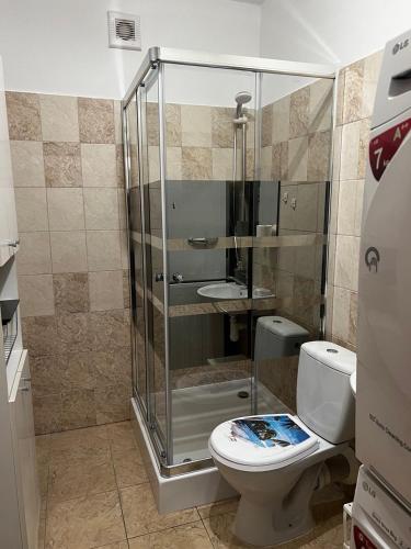 a bathroom with a toilet and a glass shower at Iris Apartment in Dunajská Streda