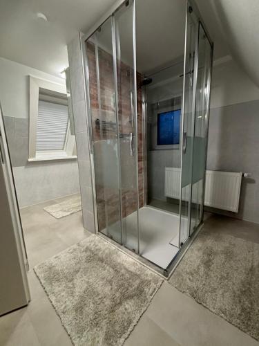 a glass shower in a bathroom with rugs at fewo-brigitte in Buxtehude
