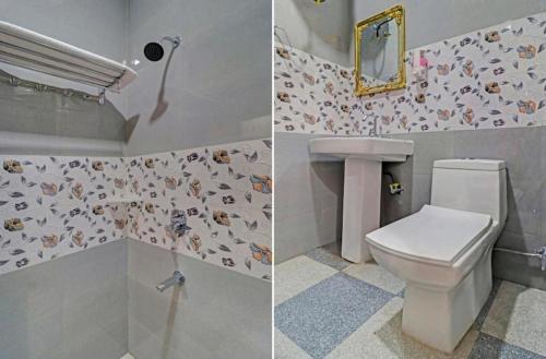 two pictures of a bathroom with a toilet and a sink at The MoonLight Hotel in Zirakpur