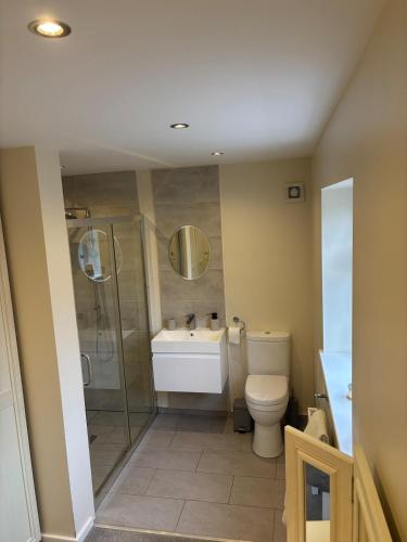 a bathroom with a shower and a toilet and a sink at Cheshire 1 bedroom apartment - minimum 3 night stay please - garden view in Cheadle Hulme