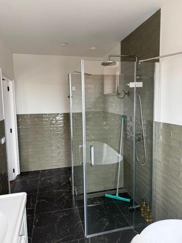 a bathroom with a shower with a glass door at L'Hopster Dorpsbrouwerij in Loppersum