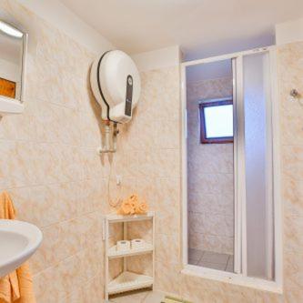 a bathroom with a shower and a sink at Marina Orlík in Kowářow